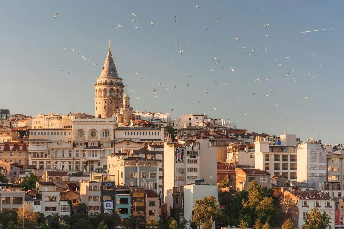 Istanbul waterfront skyline at dusk with Bosphorus and mosque silhouettes