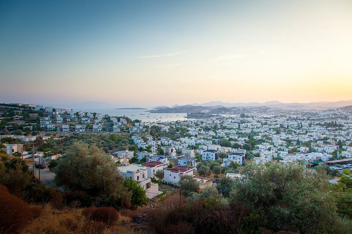 Sunset over Bodrum harbour and the Aegean coast