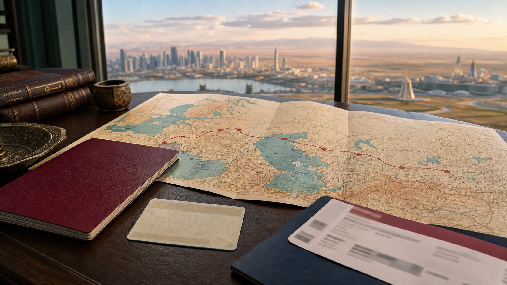 Passport, residence card and route map connecting Istanbul with Central Asia