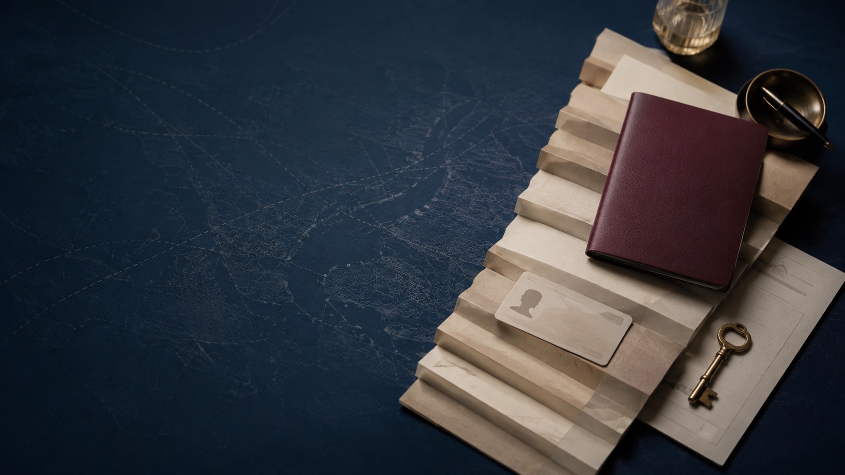 Passport, residence card and key arranged across seven planning levels