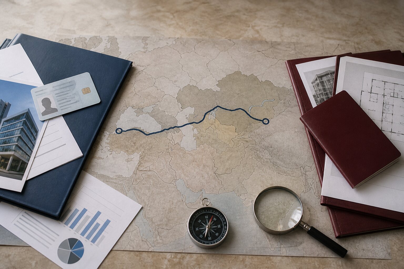 Residence and citizenship documents arranged on opposite sides of a Eurasian route map
