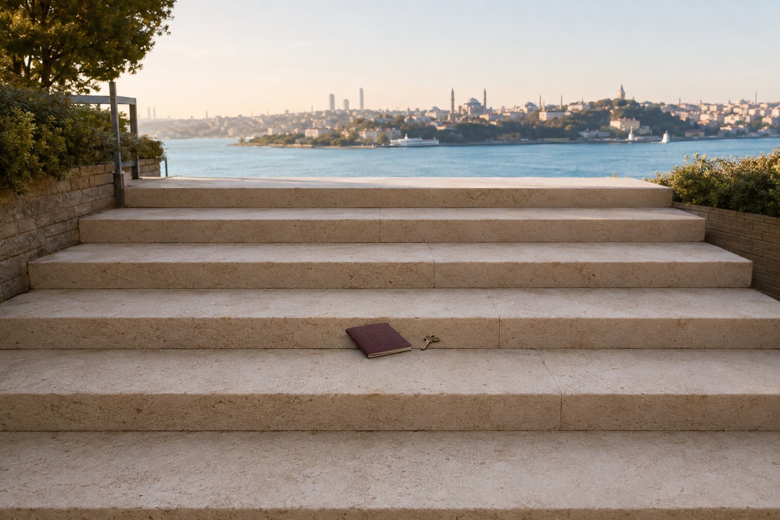 Seven limestone steps rising toward Istanbul with a passport and key on the route