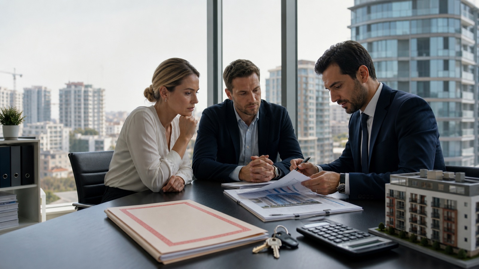 Foreign property buyers reviewing appraisal and title documents with a Turkish adviser