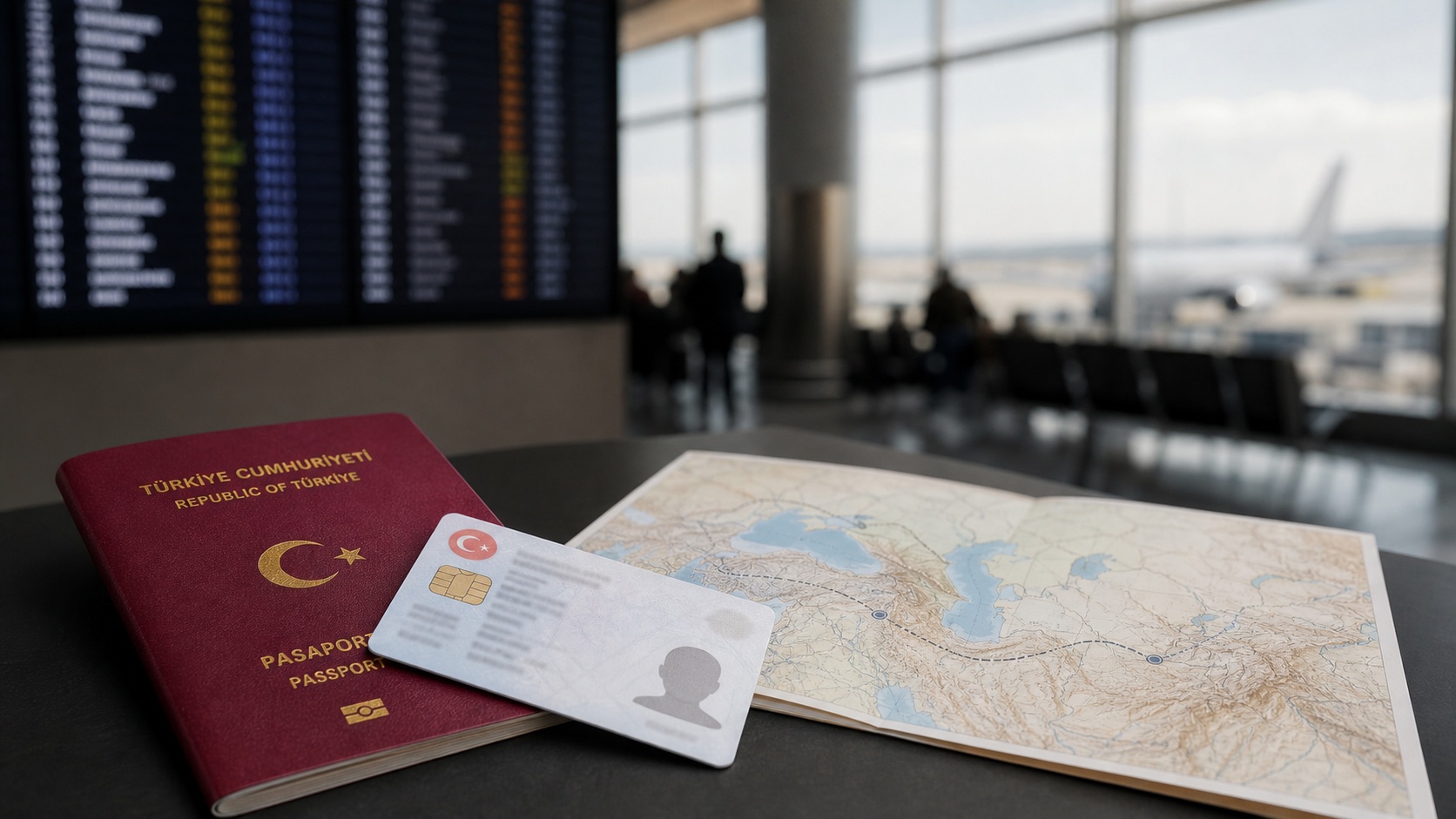 Turkish passport and national identity card beside a route map at an airport