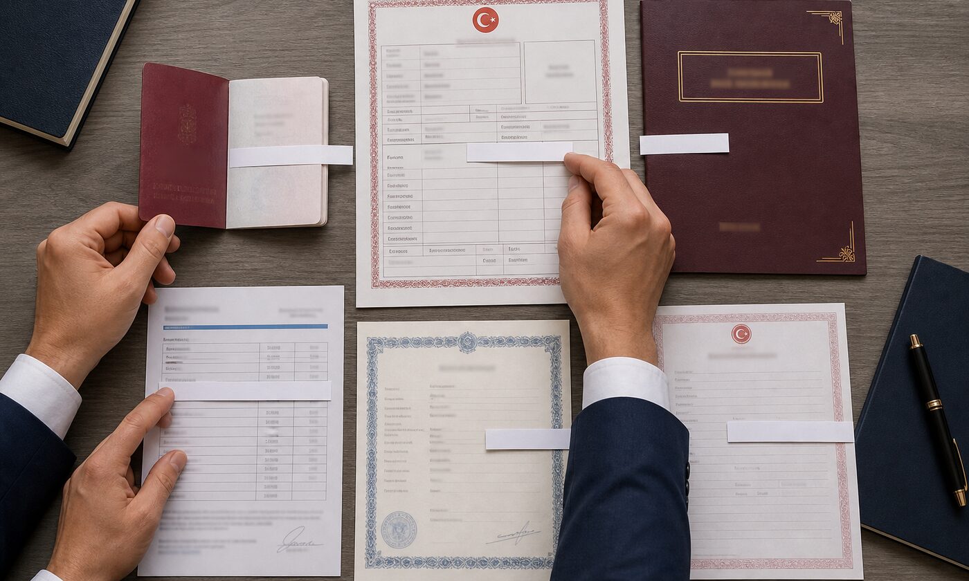 A legal document review aligning the same person's name across passports, registry papers, banking and property records