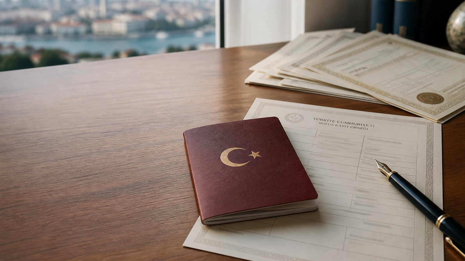 Turkish passport beside a civil registry form and foreign documents in an Istanbul office